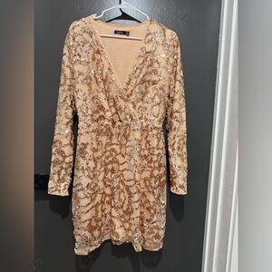 Boohoo Sequin Long Sleeve Dress in Gold